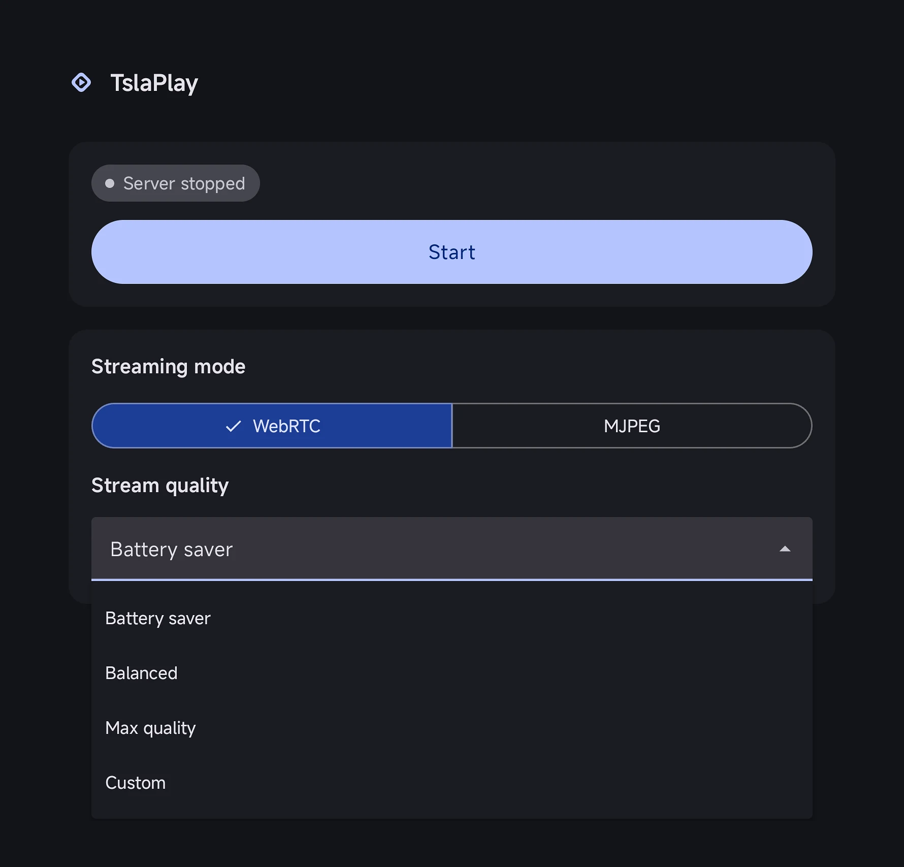 The Stream quality picker open, listing four presets: Battery saver, Balanced, Max quality and Custom.
