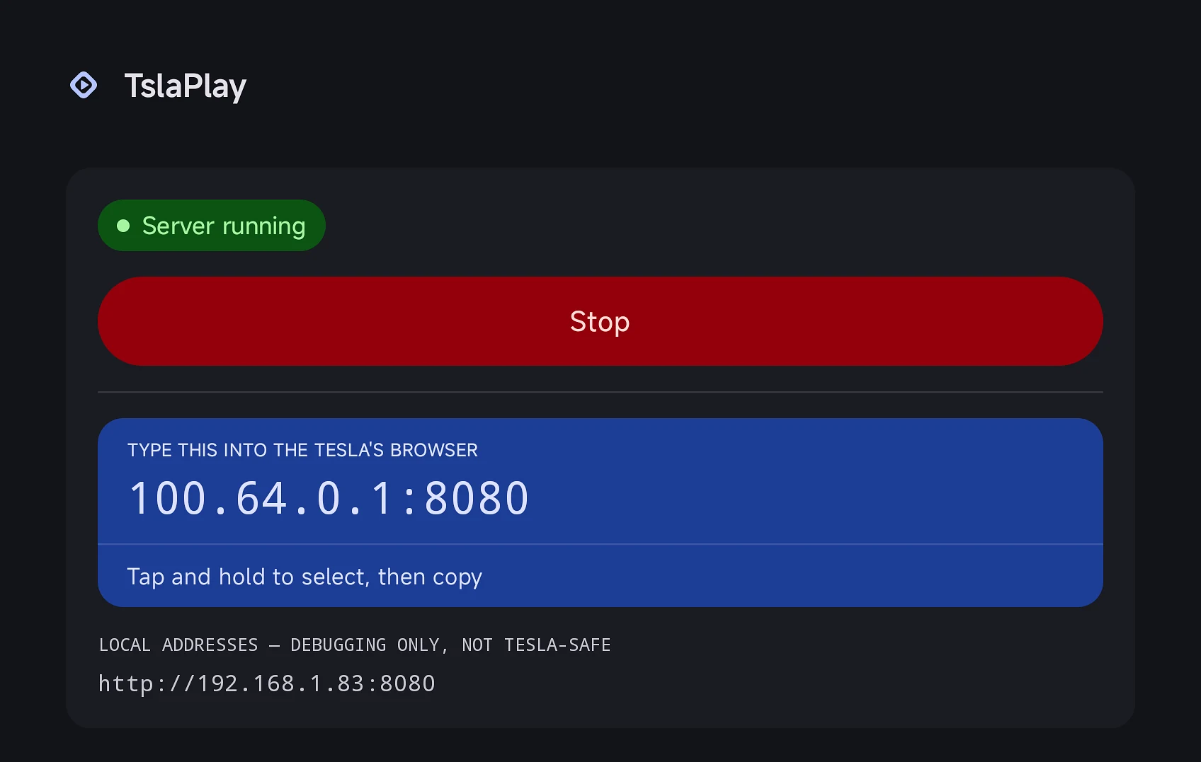 TslaPlay's main screen while running: a "Server running" pill, and the address http://100.64.0.1:8080 under the heading "Type this into the Tesla's browser".